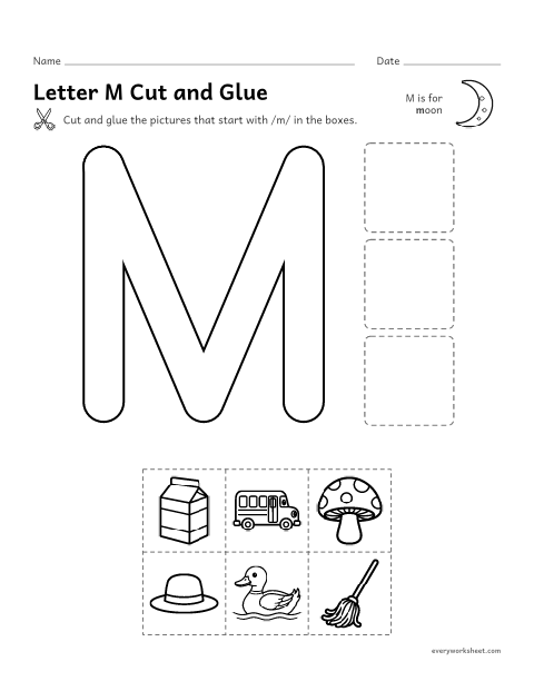 Preview of the printable “Letter M cut and glue” worksheet: cutting out pictures that start with the M sound