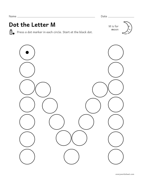 Preview of the printable “Dot the letter M” worksheet: following the shape of M and m with a dot marker