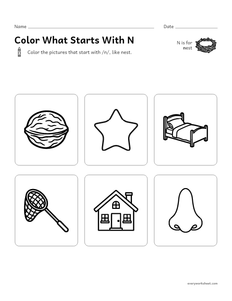 Preview of the printable “Color what starts with N” worksheet: hearing the N sound at the start of a word