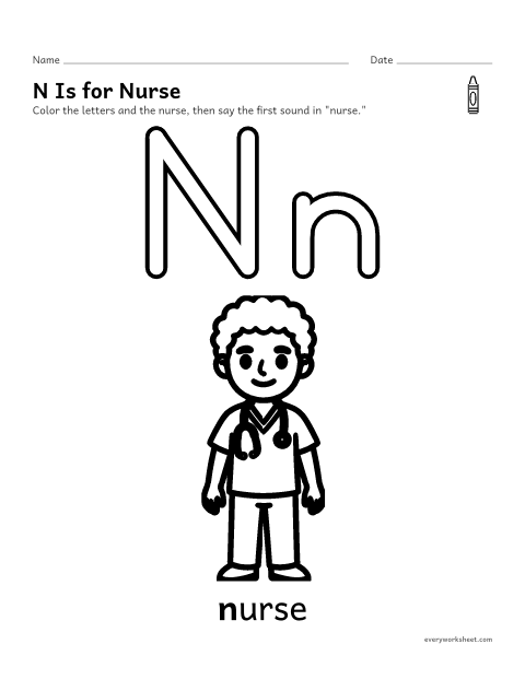 Preview of the printable “Letter N coloring page” worksheet: recognizing the letter N and its sound