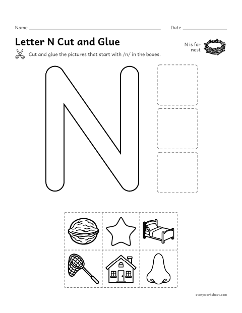 Preview of the printable “Letter N cut and glue” worksheet: cutting out pictures that start with the N sound