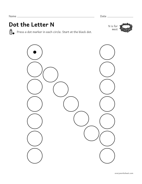 Preview of the printable “Dot the letter N” worksheet: following the shape of N and n with a dot marker