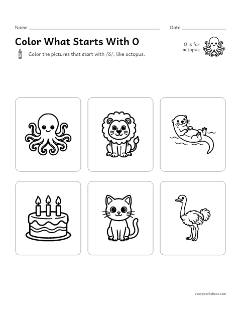 Preview of the printable “Color what starts with O” worksheet: hearing the O sound at the start of a word