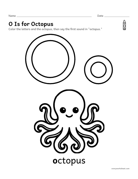 Preview of the printable “Letter O coloring page” worksheet: recognizing the letter O and its sound