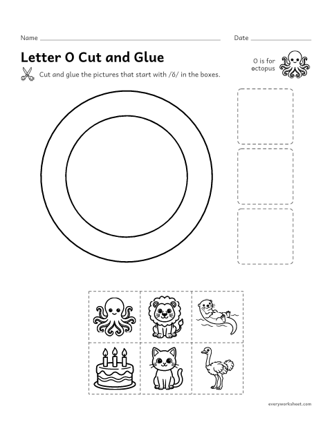 Preview of the printable “Letter O cut and glue” worksheet: cutting out pictures that start with the O sound