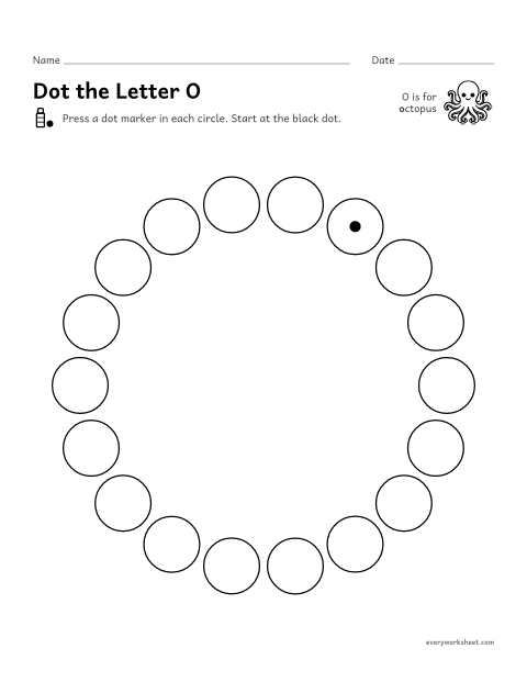 Preview of the printable “Dot the letter O” worksheet: following the shape of O and o with a dot marker