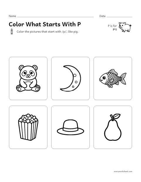 Preview of the printable “Color what starts with P” worksheet: hearing the P sound at the start of a word