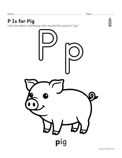 Preview of the printable “Letter P coloring page” worksheet: recognizing the letter P and its sound