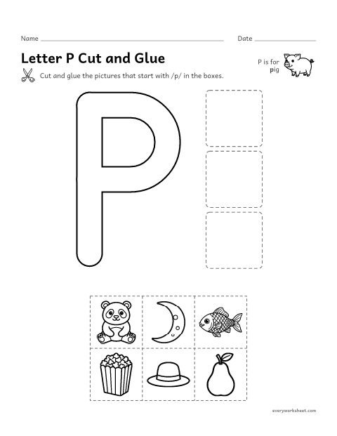 Preview of the printable “Letter P cut and glue” worksheet: cutting out pictures that start with the P sound