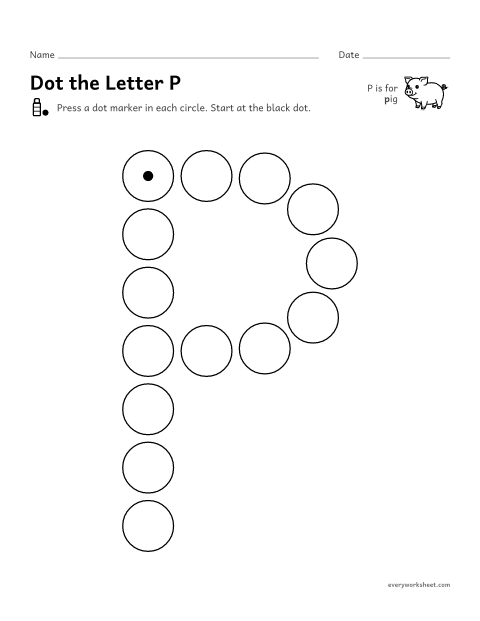 Preview of the printable “Dot the letter P” worksheet: following the shape of P and p with a dot marker