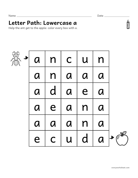 Preview of the printable “Letter Path: lowercase a” worksheet: finding the letter a to make a path