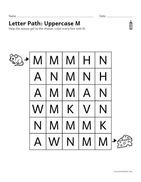 Preview of the printable “Letter Path: uppercase M” worksheet: finding the letter M to make a path