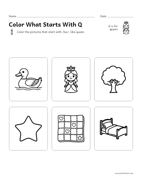 Preview of the printable “Color what starts with Q” worksheet: hearing the Q sound at the start of a word