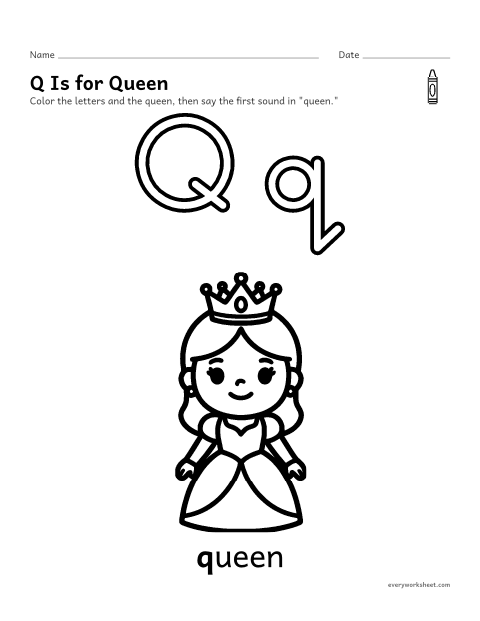 Preview of the printable “Letter Q coloring page” worksheet: recognizing the letter Q and its sound