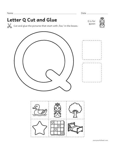 Preview of the printable “Letter Q cut and glue” worksheet: cutting out pictures that start with the Q sound
