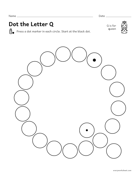 Preview of the printable “Dot the letter Q” worksheet: following the shape of Q and q with a dot marker