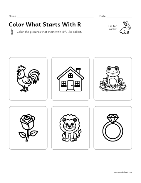 Preview of the printable “Color what starts with R” worksheet: hearing the R sound at the start of a word