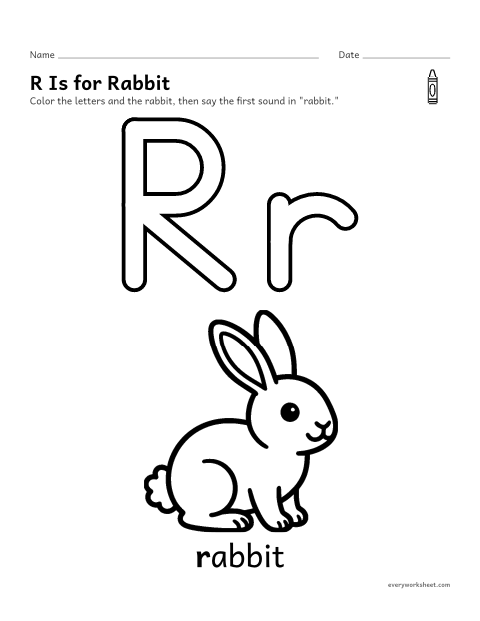 Preview of the printable “Letter R coloring page” worksheet: recognizing the letter R and its sound