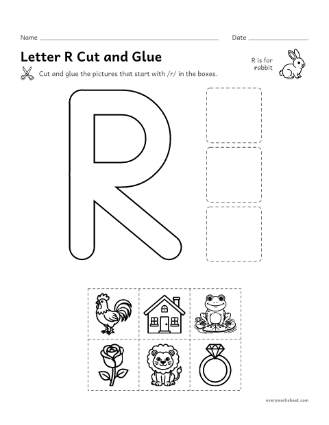Preview of the printable “Letter R cut and glue” worksheet: cutting out pictures that start with the R sound