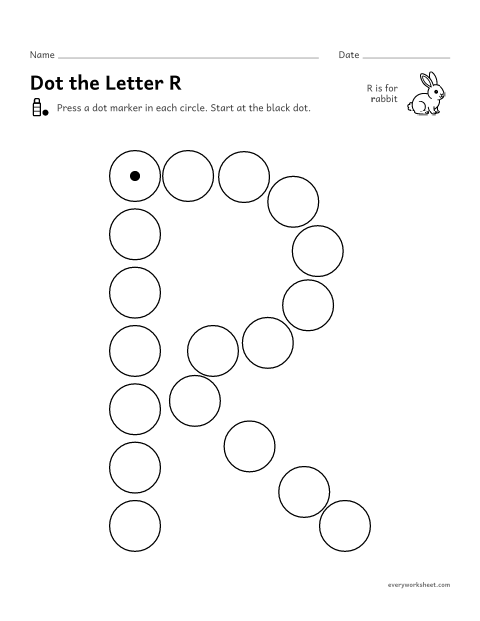 Preview of the printable “Dot the letter R” worksheet: following the shape of R and r with a dot marker
