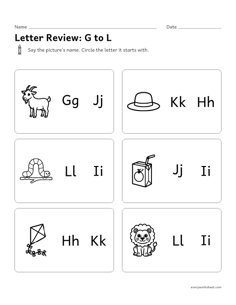 Preview of the printable “Letter Review: G to L” worksheet: matching a picture to the letter it starts with