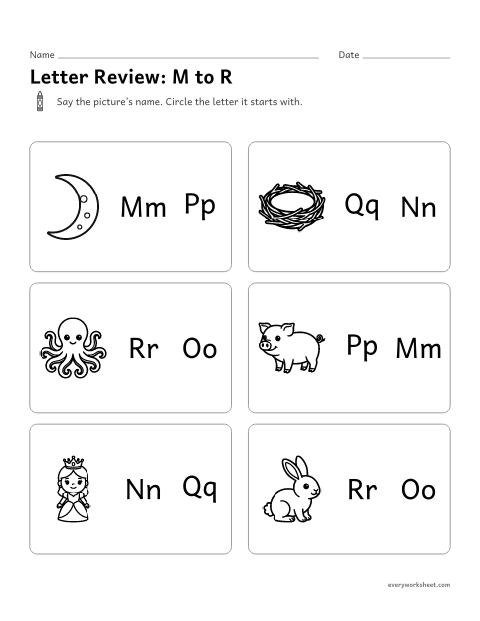 Preview of the printable “Letter Review: M to R” worksheet: matching a picture to the letter it starts with