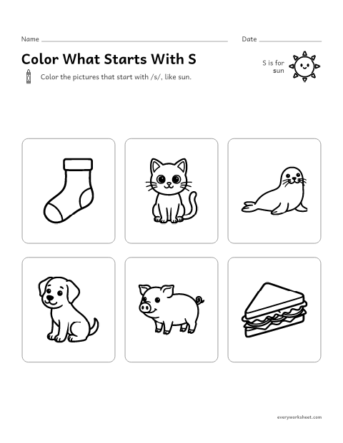 Preview of the printable “Color what starts with S” worksheet: hearing the S sound at the start of a word
