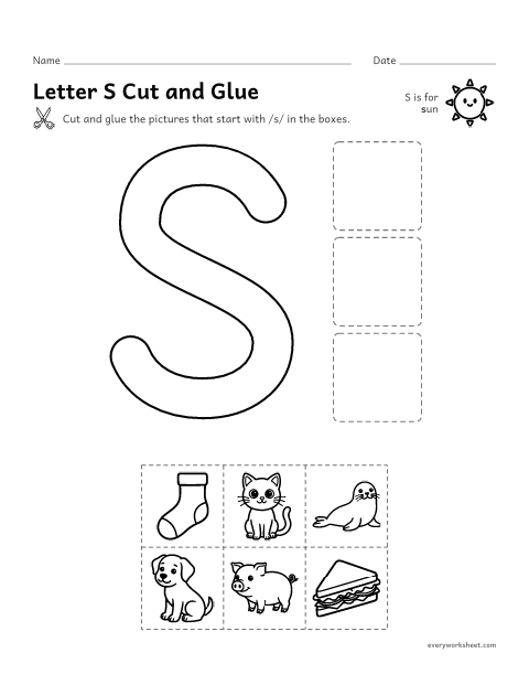 Preview of the printable “Letter S cut and glue” worksheet: cutting out pictures that start with the S sound