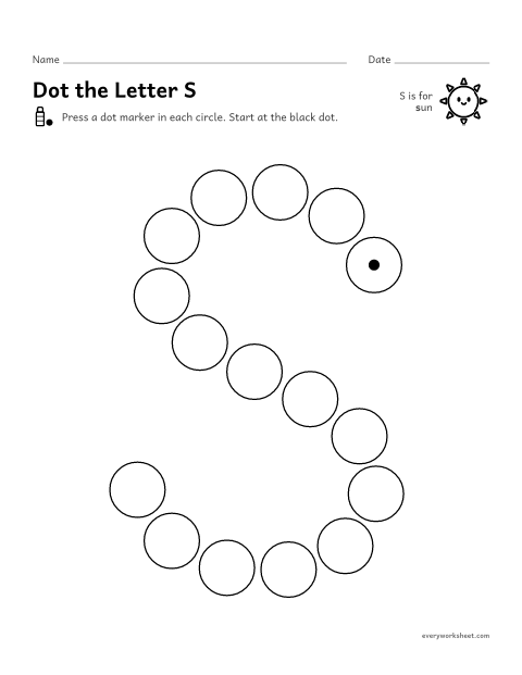 Preview of the printable “Dot the letter S” worksheet: following the shape of S and s with a dot marker