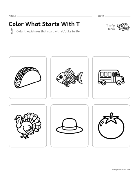 Preview of the printable “Color what starts with T” worksheet: hearing the T sound at the start of a word