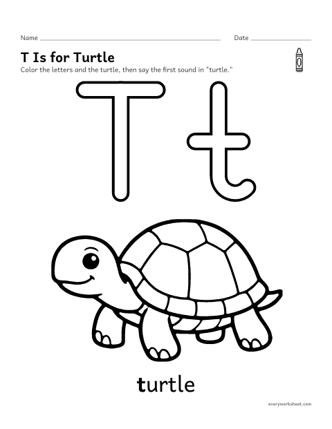 Preview of the printable “Letter T coloring page” worksheet: recognizing the letter T and its sound