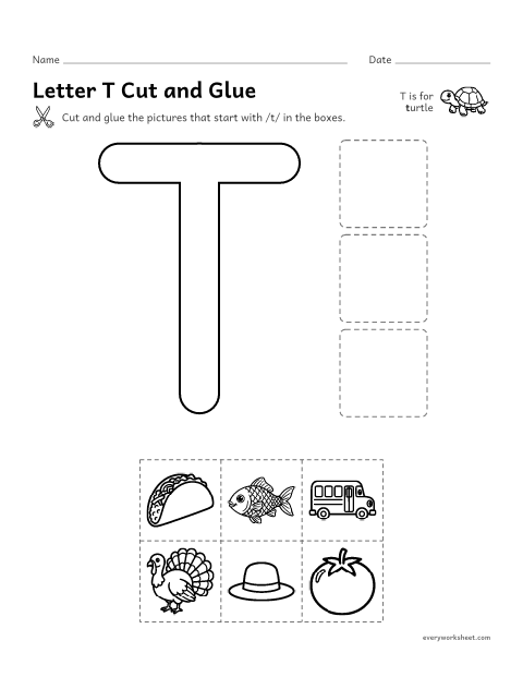 Preview of the printable “Letter T cut and glue” worksheet: cutting out pictures that start with the T sound