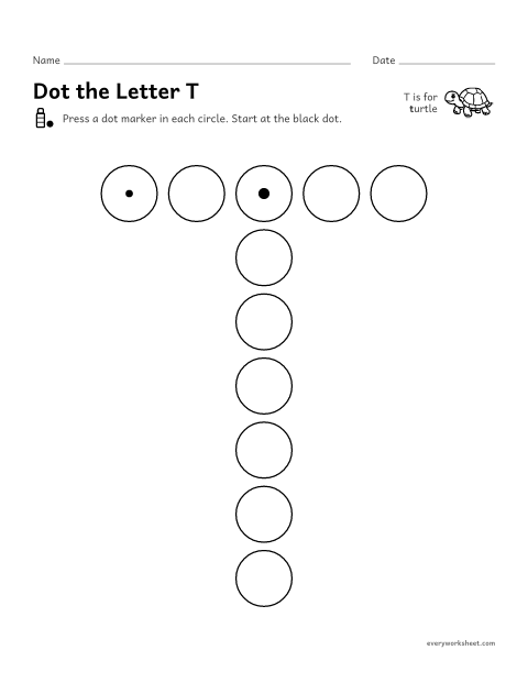 Preview of the printable “Dot the letter T” worksheet: following the shape of T and t with a dot marker