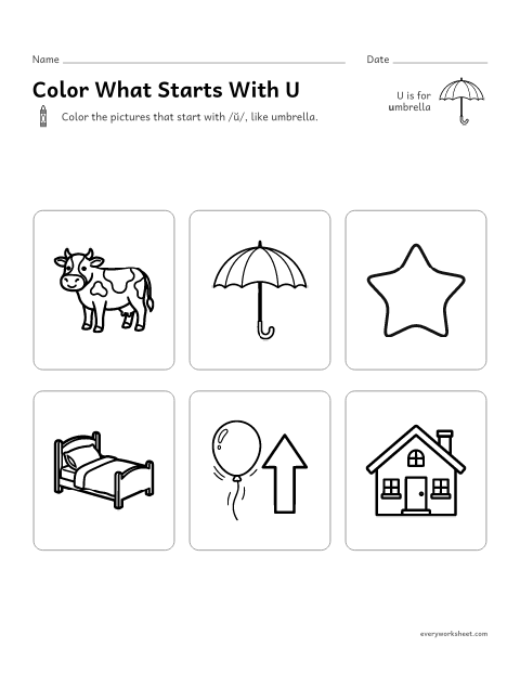Preview of the printable “Color what starts with U” worksheet: hearing the U sound at the start of a word