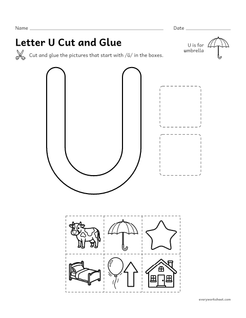 Preview of the printable “Letter U cut and glue” worksheet: cutting out pictures that start with the U sound
