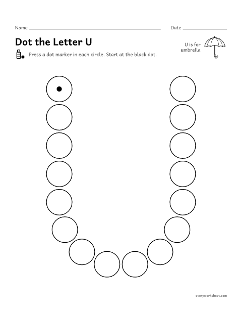 Preview of the printable “Dot the letter U” worksheet: following the shape of U and u with a dot marker