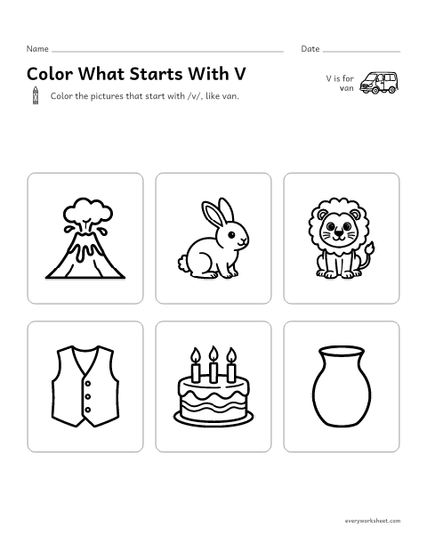 Preview of the printable “Color what starts with V” worksheet: hearing the V sound at the start of a word