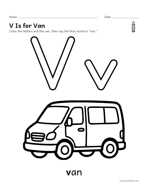 Preview of the printable “Letter V coloring page” worksheet: recognizing the letter V and its sound