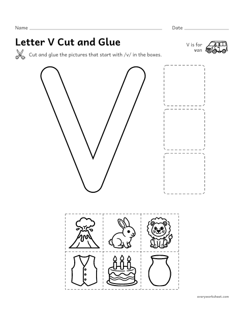 Preview of the printable “Letter V cut and glue” worksheet: cutting out pictures that start with the V sound