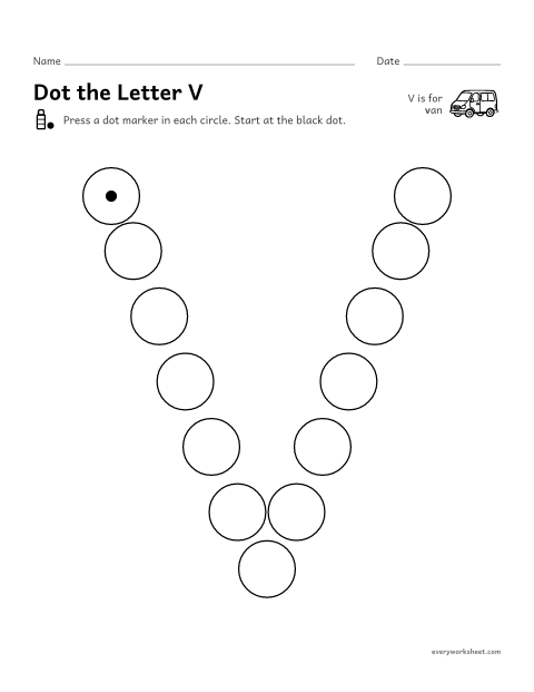 Preview of the printable “Dot the letter V” worksheet: following the shape of V and v with a dot marker