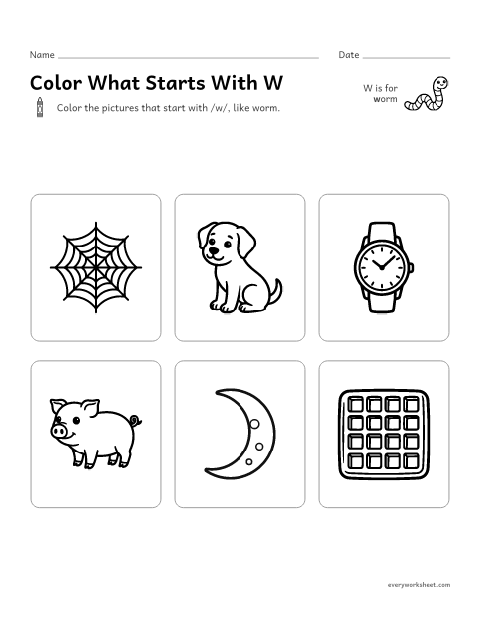Preview of the printable “Color what starts with W” worksheet: hearing the W sound at the start of a word