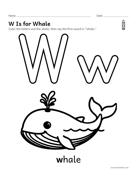 Preview of the printable “Letter W coloring page” worksheet: recognizing the letter W and its sound