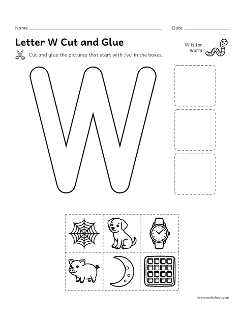 Preview of the printable “Letter W cut and glue” worksheet: cutting out pictures that start with the W sound