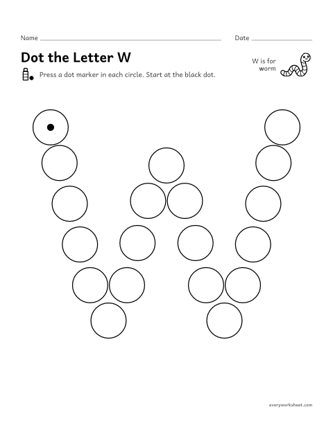 Preview of the printable “Dot the letter W” worksheet: following the shape of W and w with a dot marker