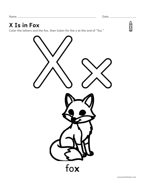 Preview of the printable “Letter X coloring page” worksheet: recognizing the letter X and its sound
