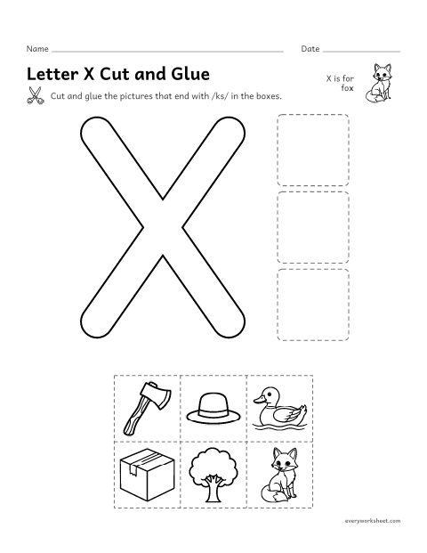 Preview of the printable “Letter X cut and glue” worksheet: cutting out pictures that end with /ks/