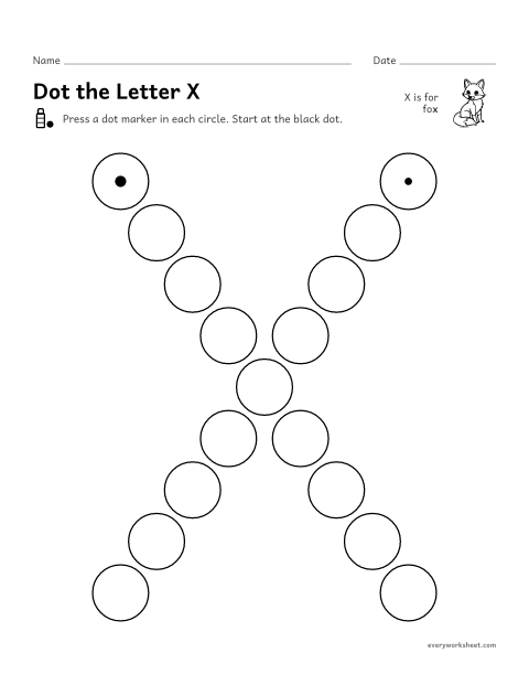Preview of the printable “Dot the letter X” worksheet: following the shape of X and x with a dot marker