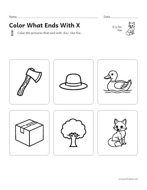 Preview of the printable “Color what ends with X” worksheet: hearing /ks/ at the end of a word
