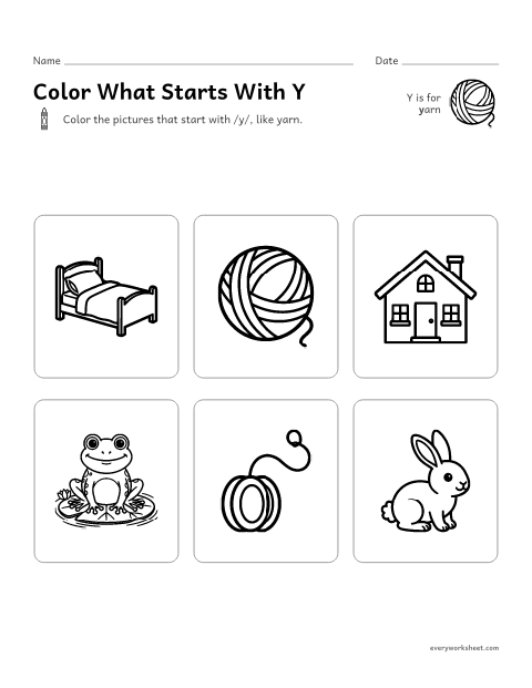 Preview of the printable “Color what starts with Y” worksheet: hearing the Y sound at the start of a word