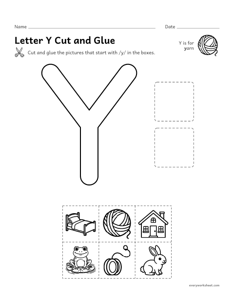 Preview of the printable “Letter Y cut and glue” worksheet: cutting out pictures that start with the Y sound